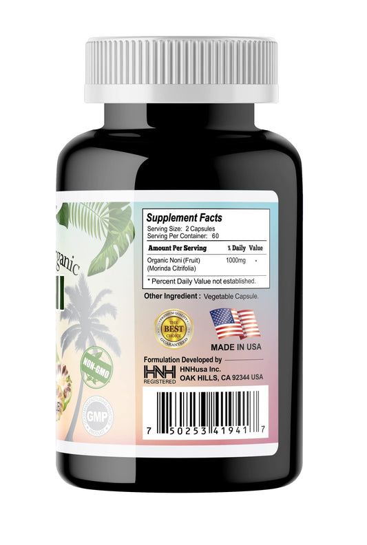 Close-up of HNHusa Noni label showing organic ingredients and batch testing.