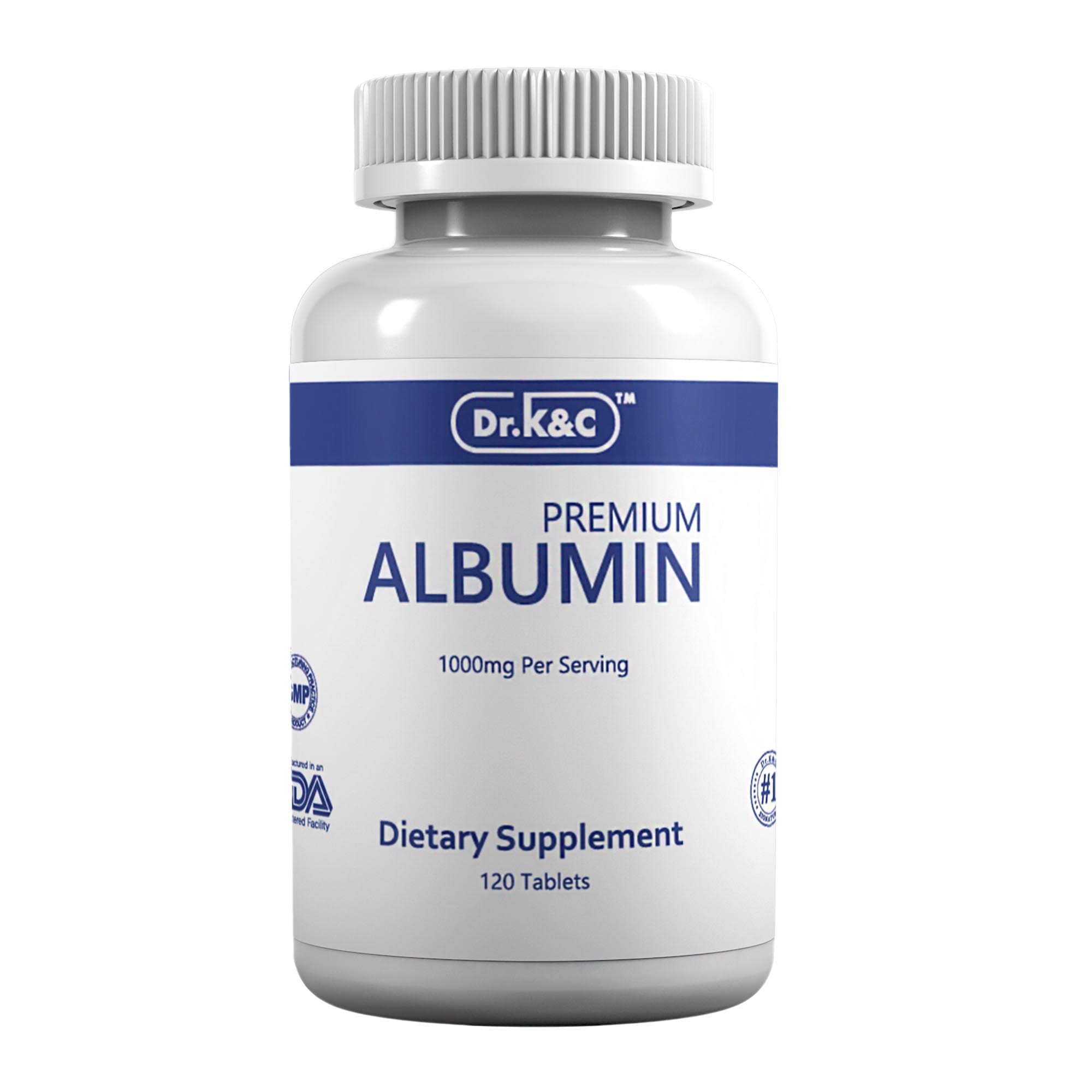 Dr.K&C Premium Albumin 1000mg tablets bottle for convenient daily protein support.