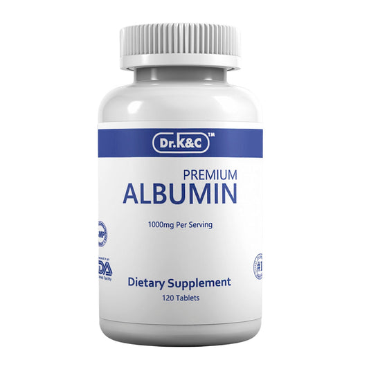 Dr.K&C Premium Albumin 1000mg tablets bottle for convenient daily protein support.