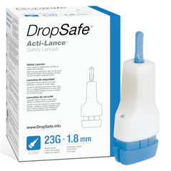 Dropsafe Acti-Lance 200-count box for safe, ready-to-use lancets.