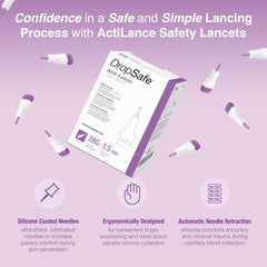 Dropsafe Acti-Lance 28-gauge needle emphasizes ultra-fine puncture for minimal discomfort.
