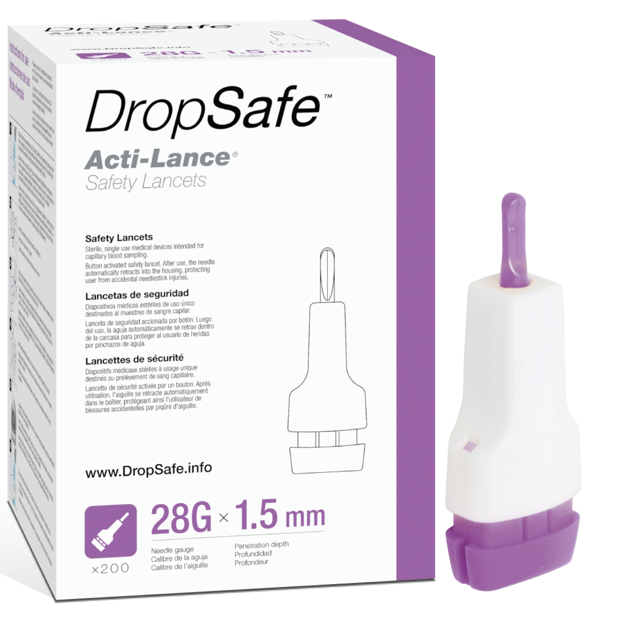 Dropsafe Acti-Lance lancet in sterile packaging highlighting safe, single-use blood sampling.