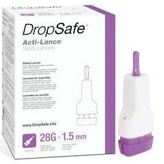 Dropsafe Acti-Lance lancet in sterile packaging highlighting safe, single-use blood sampling.