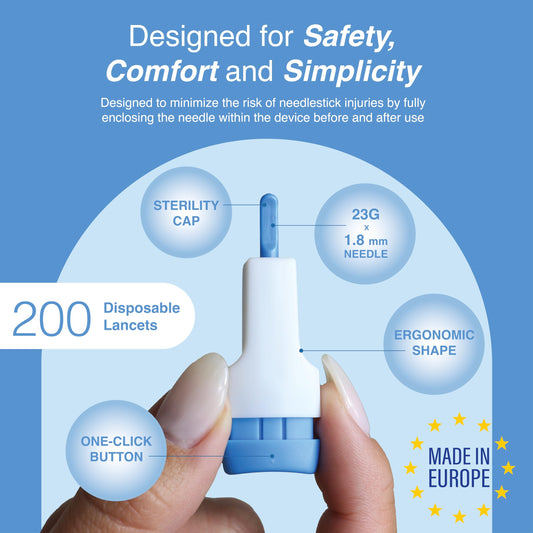 Dropsafe Acti-Lance top-button activation enables one-handed sampling.