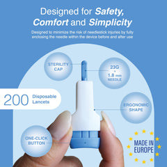 Dropsafe Acti-Lance top-button activation enables one-handed sampling.