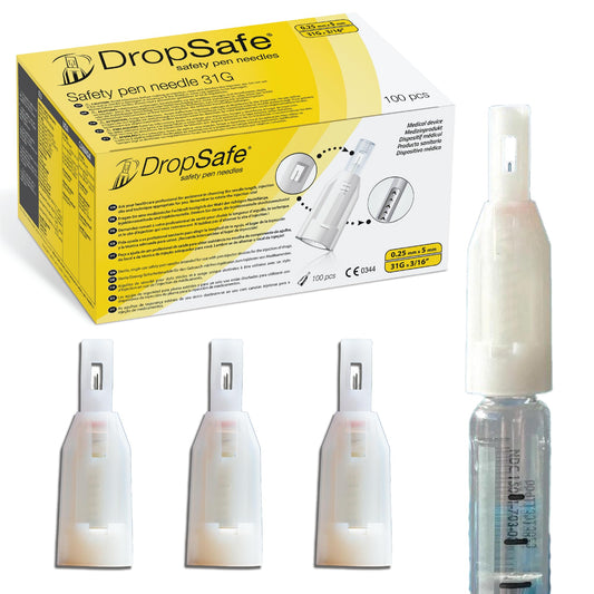 Dropsafe safety pen needles 31G-5mm in a 100-count box for convenient, sterile injections.