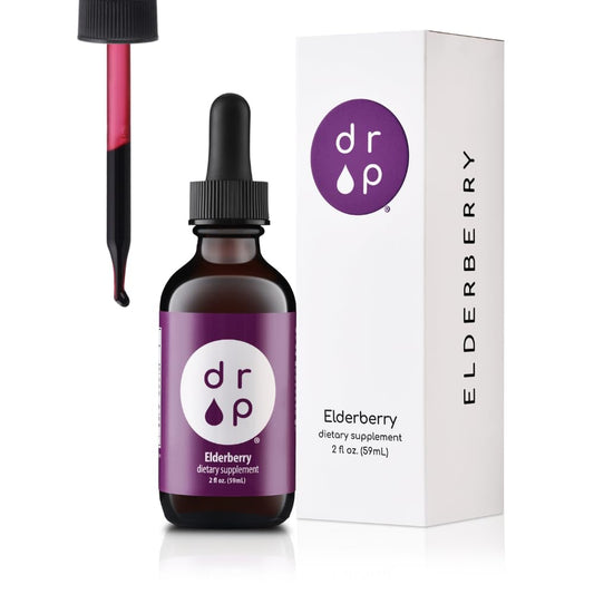 DRP Elderberry Drops bottle front view with kid-friendly grape flavor.