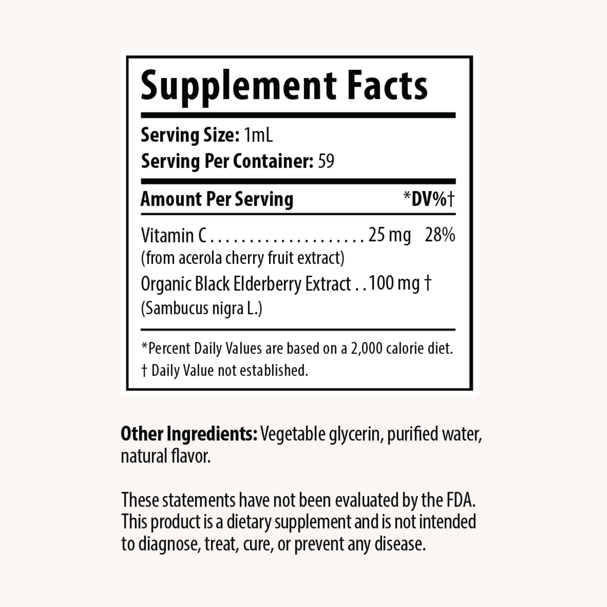 DRP Elderberry Drops ingredients panel highlighting natural elderberry and vitamin C.