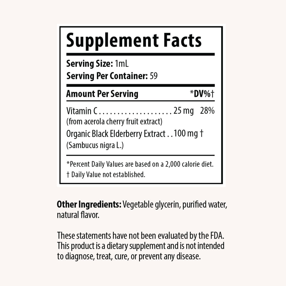 DRP Elderberry Drops ingredients panel highlighting natural elderberry and vitamin C.