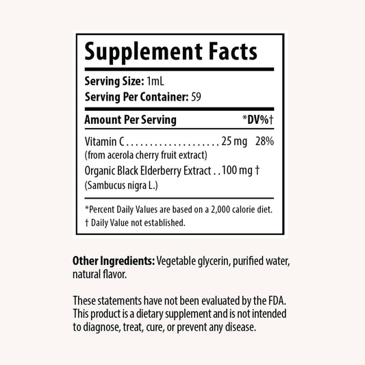 DRP Elderberry Drops ingredients panel highlighting natural elderberry and vitamin C.