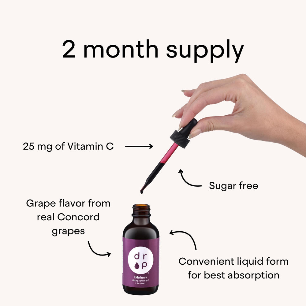 DRP Elderberry Drops bottle features sugar-free vegan formula.
