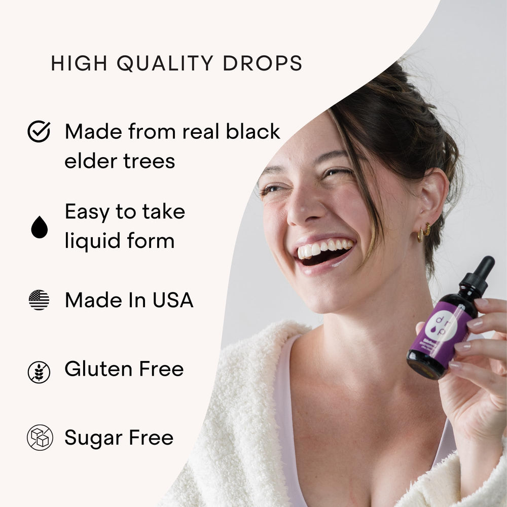 DRP Elderberry Drops two-month supply packaging shown.