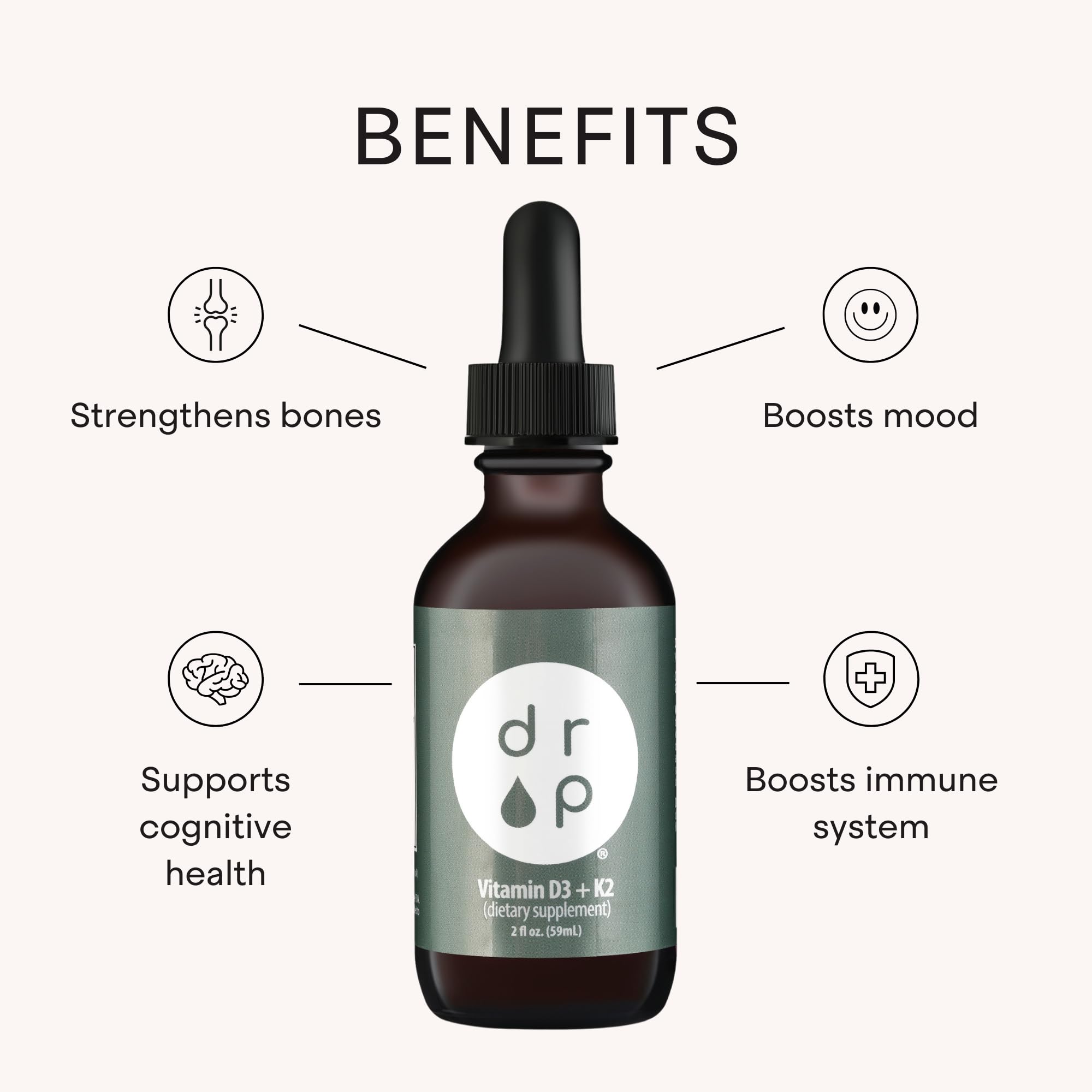 DRP Vitamin D3 + K2 drops amber bottle highlighting natural vitamin delivery.