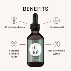 DRP Vitamin D3 + K2 drops amber bottle highlighting natural vitamin delivery.