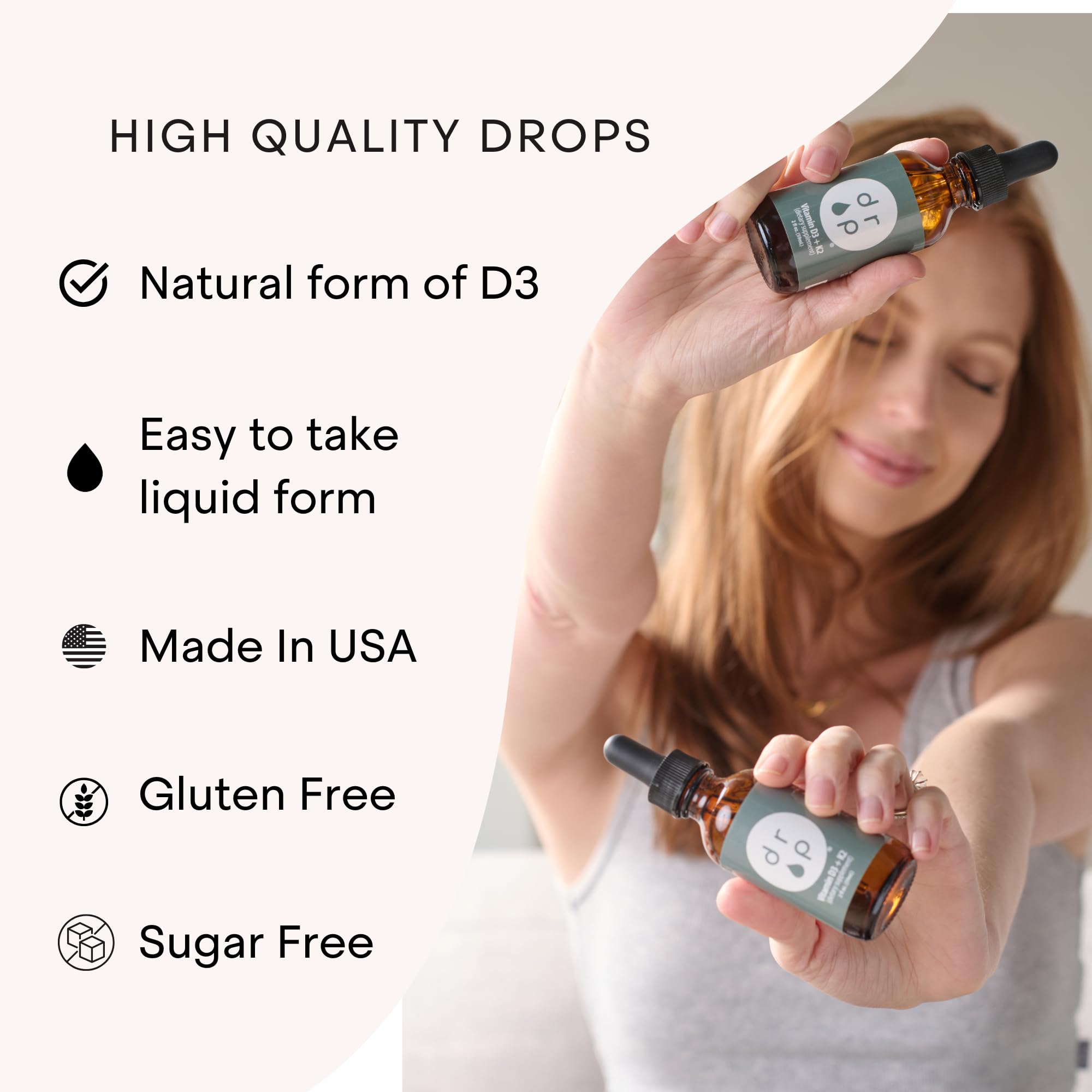 DRP Vitamin D3 + K2 drops coconut MCT oil carrier for smooth administration.
