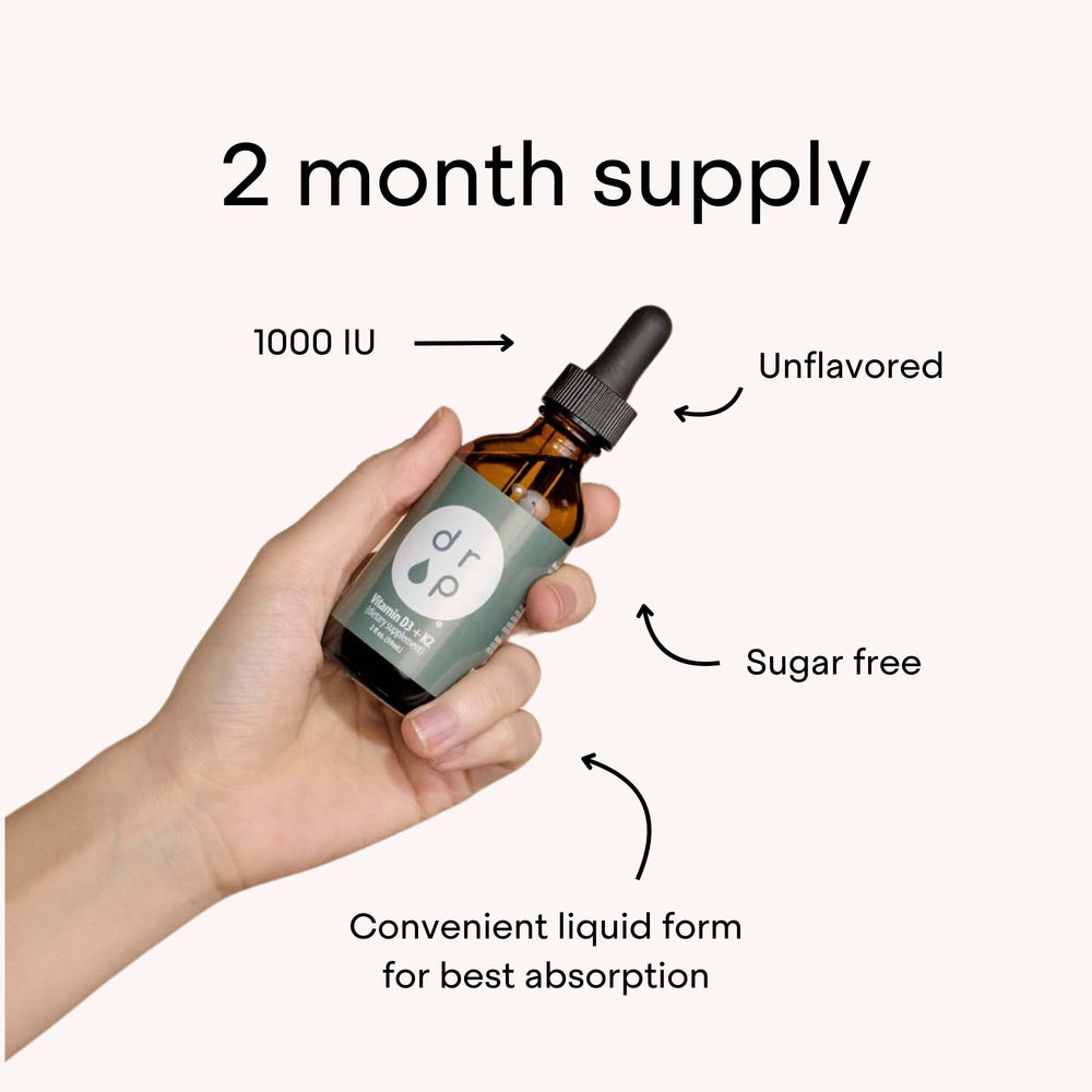 DRP Vitamin D3 + K2 drops two-month supply in 2 oz bottle.