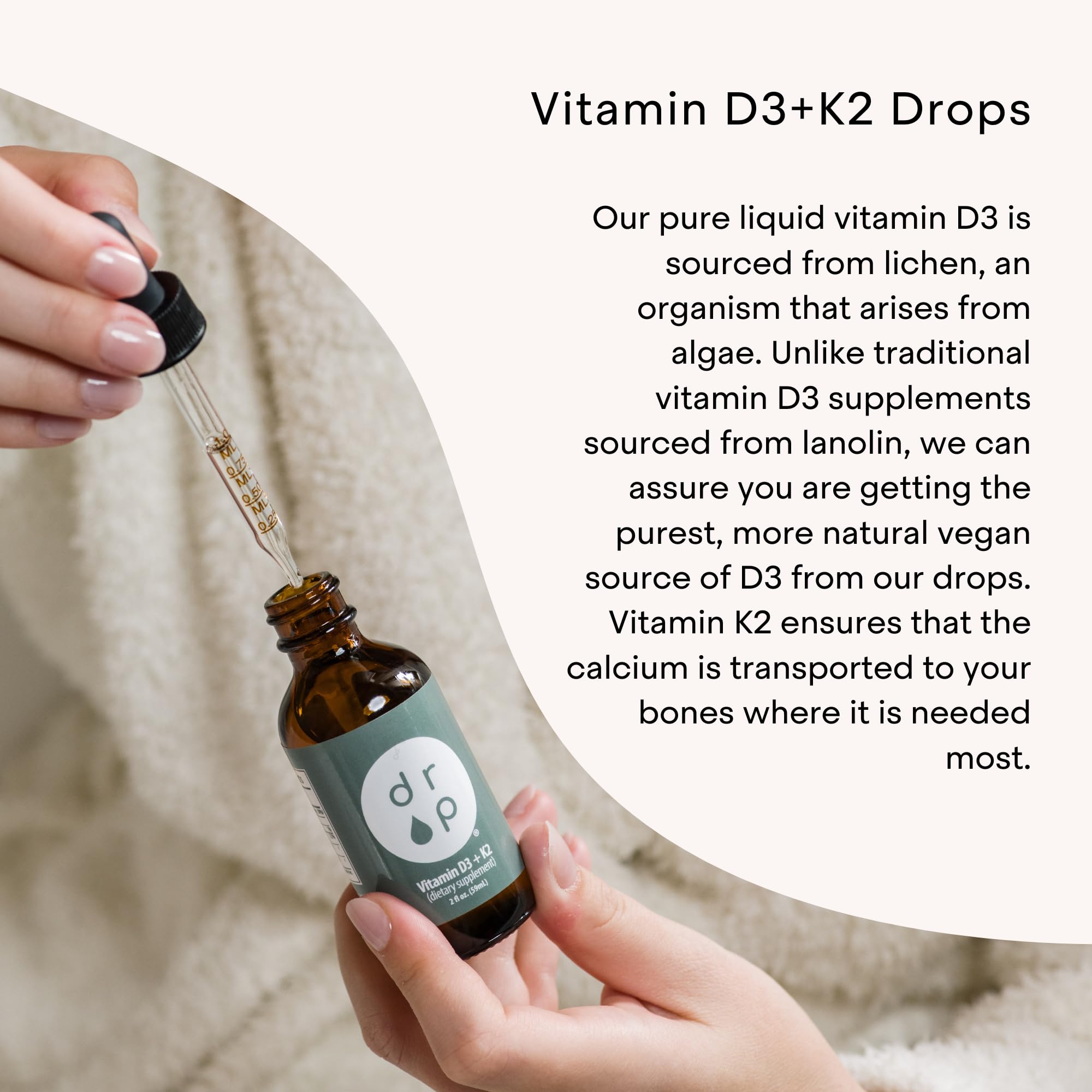 DRP Vitamin D3 + K2 drops unflavored liquid ideal for easy mixing.