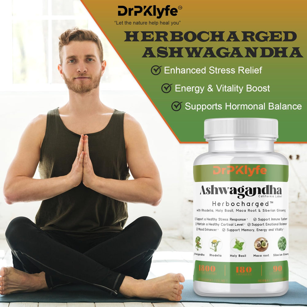 DrPKLyfe Ashwagandha Complex bottle label highlighting adaptogens