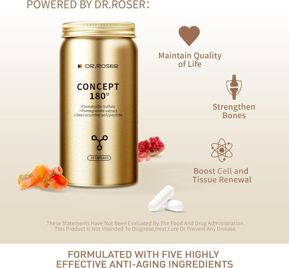 DR.ROSER ingredients graphic featuring chondroitin sulfate and pomegranate extract.
