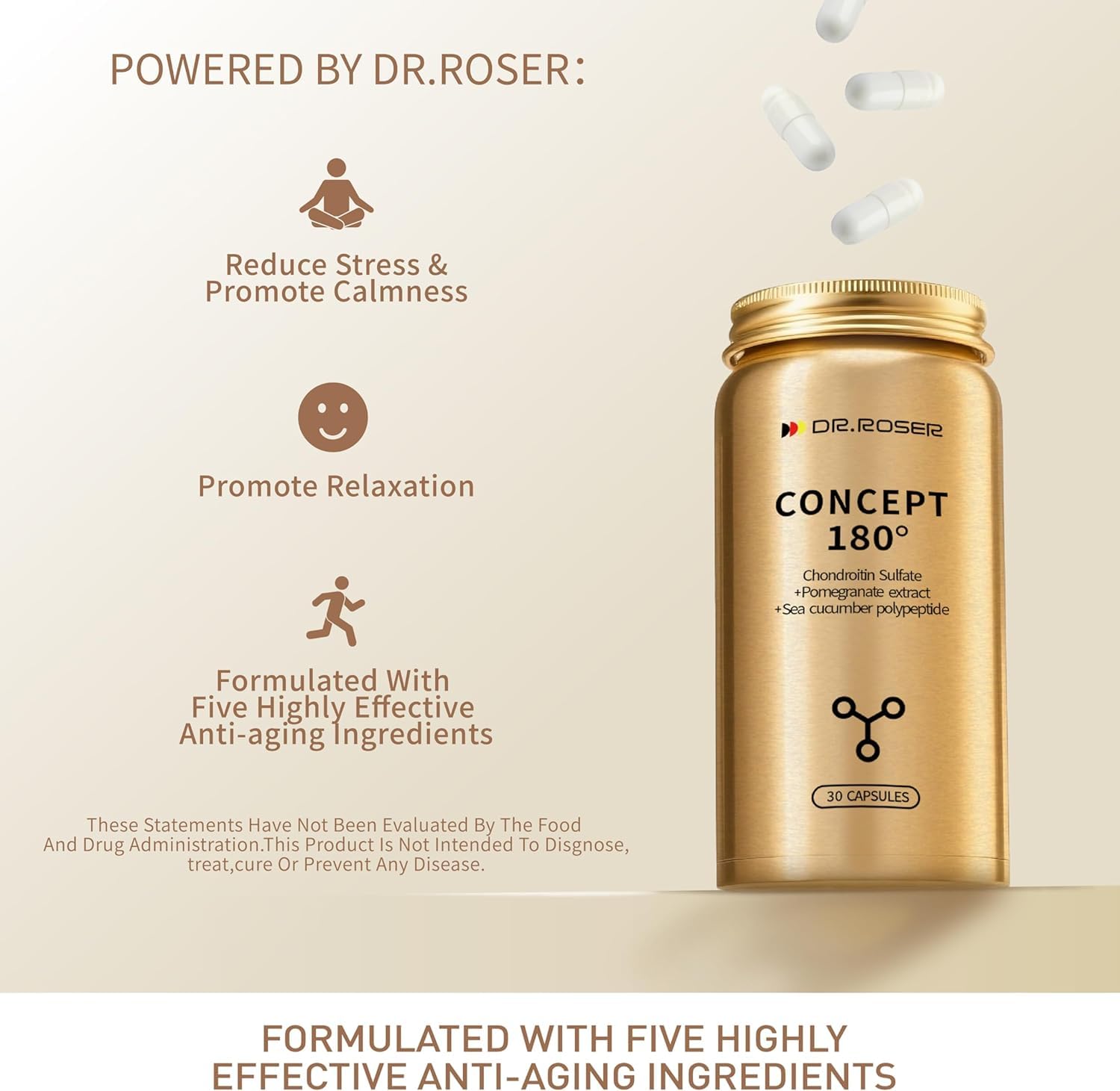 Evening ritual with DR.ROSER capsules hinting at nightly repair alignment.