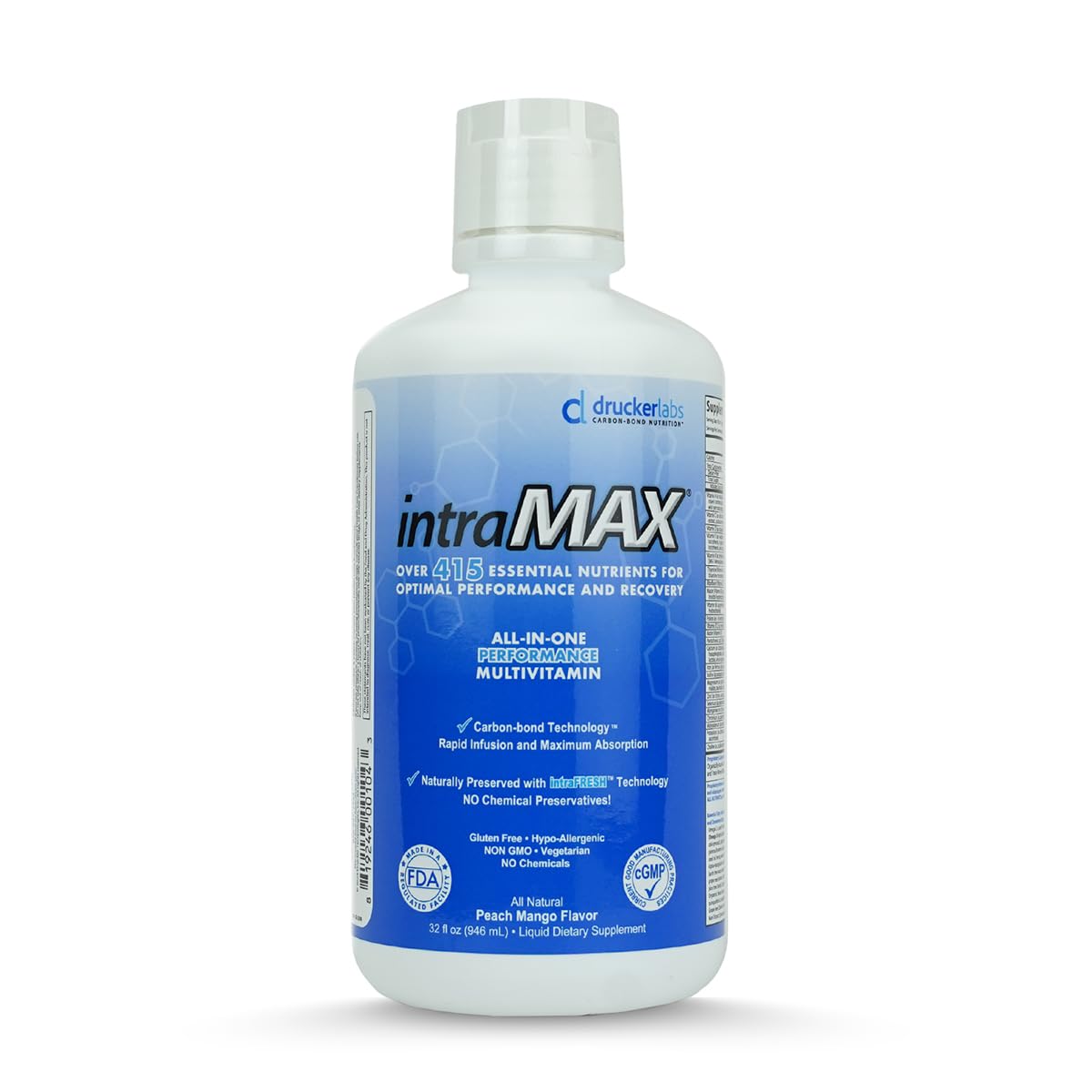 Drucker Labs intraMAX bottle label highlights high-absorption liquid multivitamin for daily health.