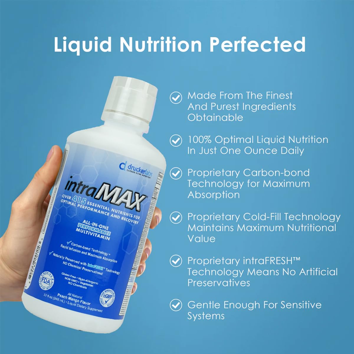 Drucker Labs intraMAX glass with liquid emphasizes Peach Mango flavor for enjoyable daily supplementation.