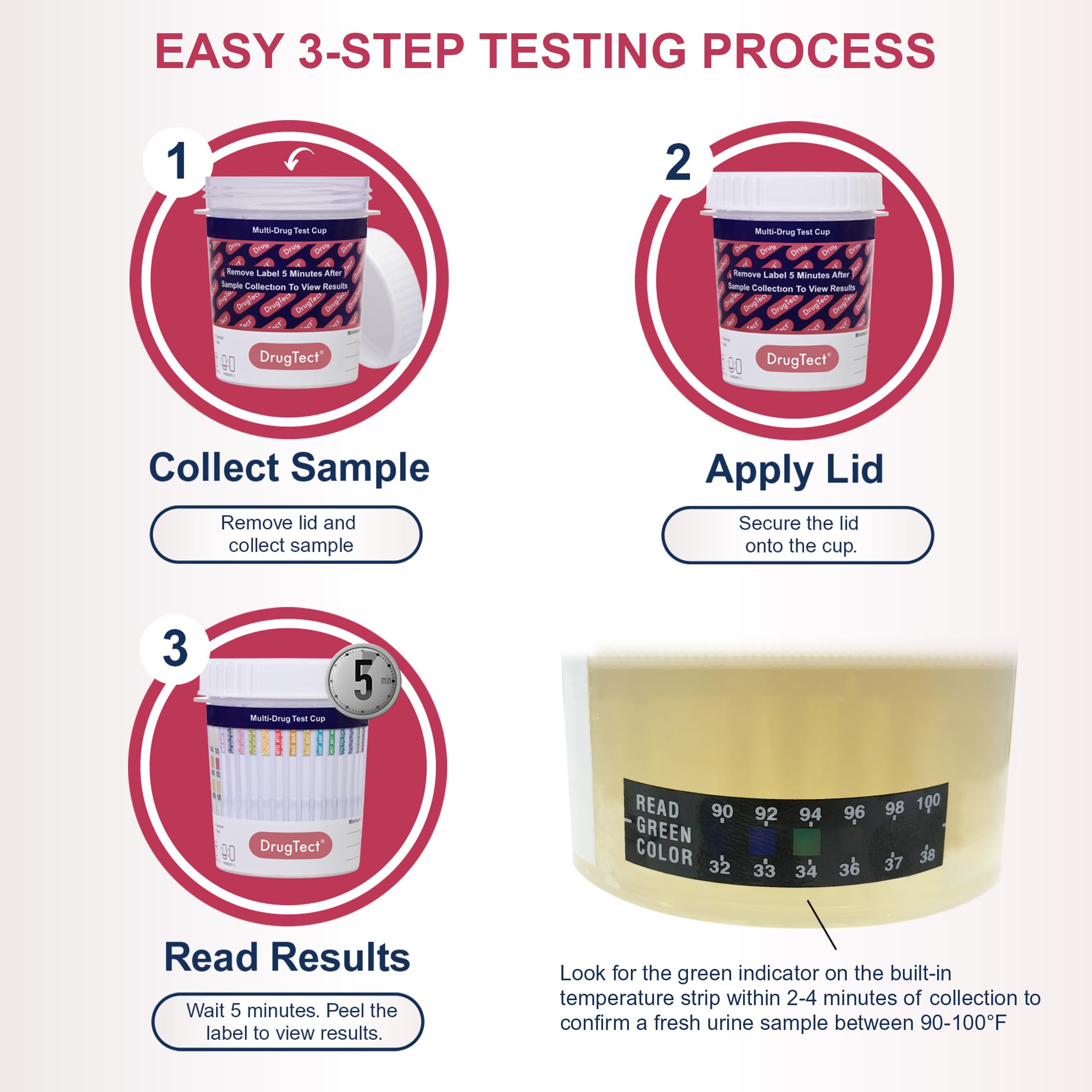 DrugTect adulteration strip helps verify sample integrity at a glance.