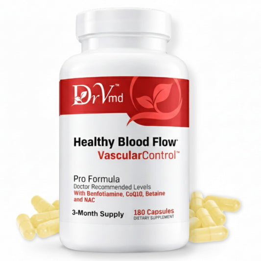 DrVmd Vascular Control bottle label highlighting circulation support ingredients.