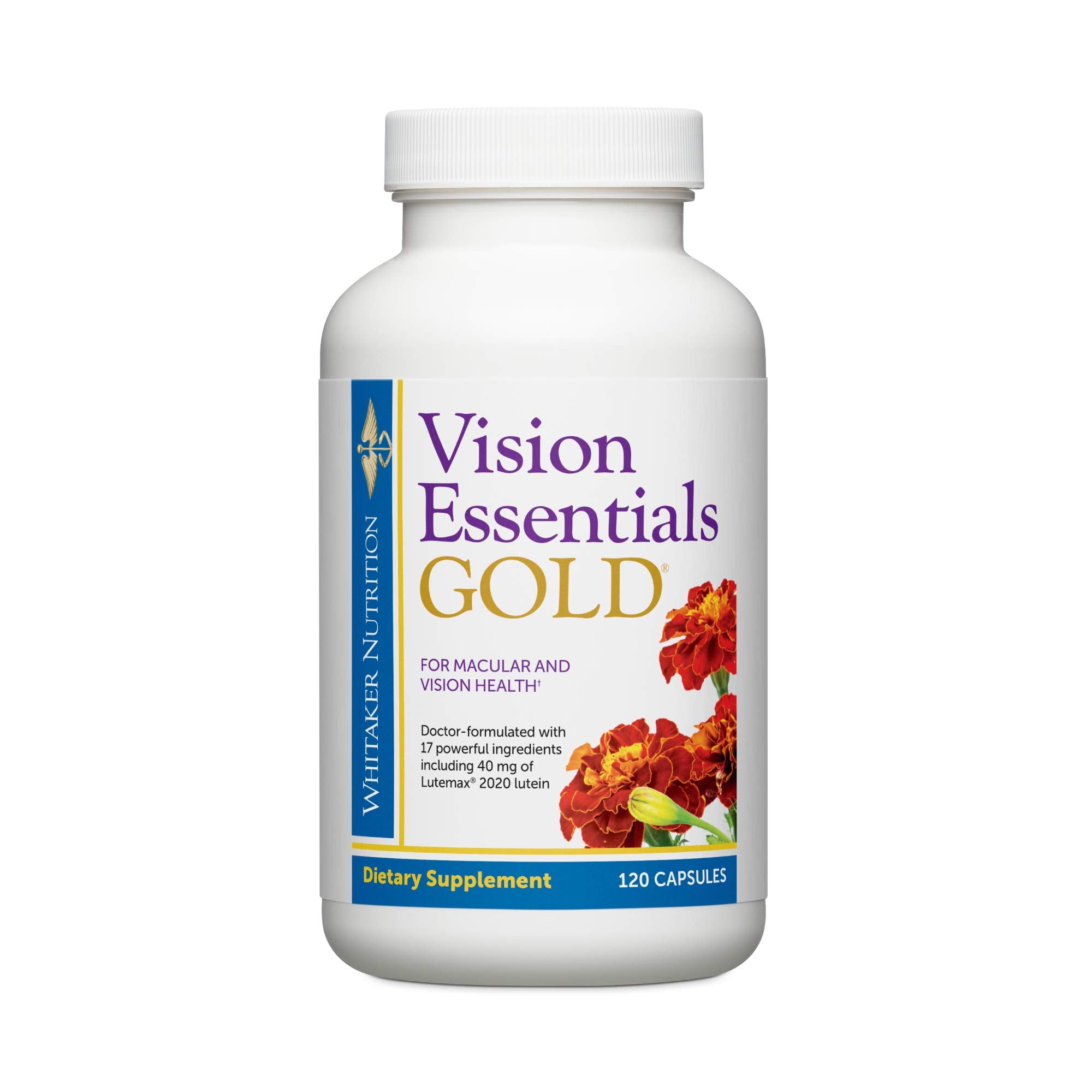 DR.WHITAKER Vision Essentials Gold bottle label highlighting lutein and zeaxanthin for eye health