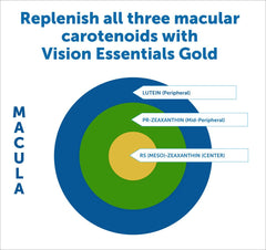 Vision Essentials Gold bottle beside a laptop, illustrating blue light support context