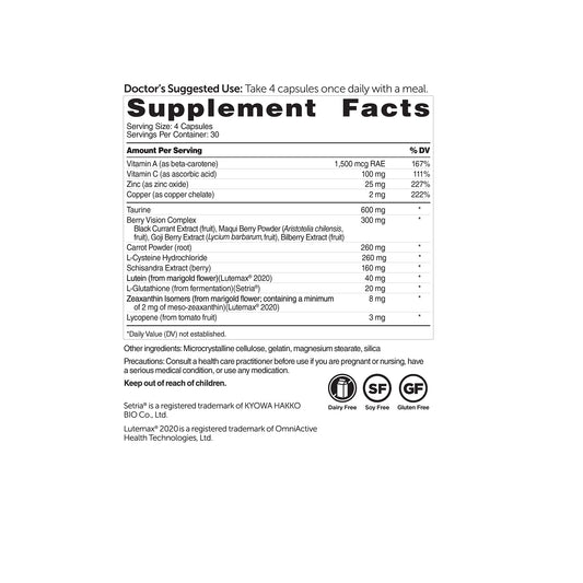 Close-up of ingredients panel showing Lutemax lutein and zeaxanthin isomers for eye wellness