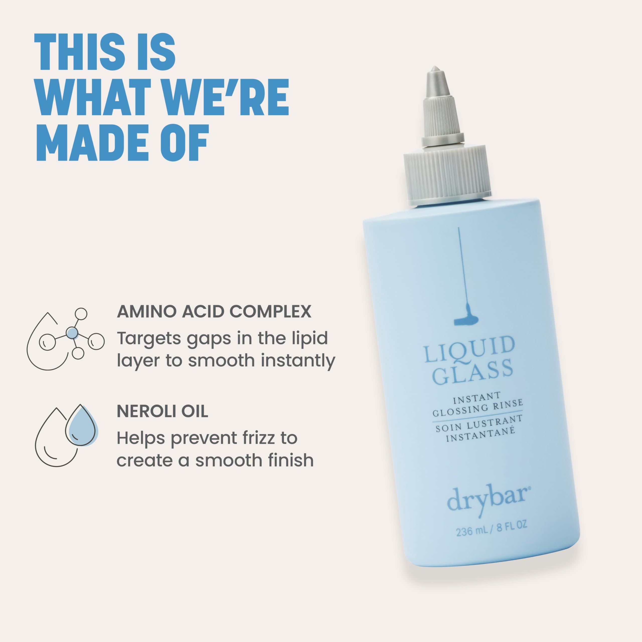 Drybar Liquid Glass rinse applied to hair for instant smoothing.
