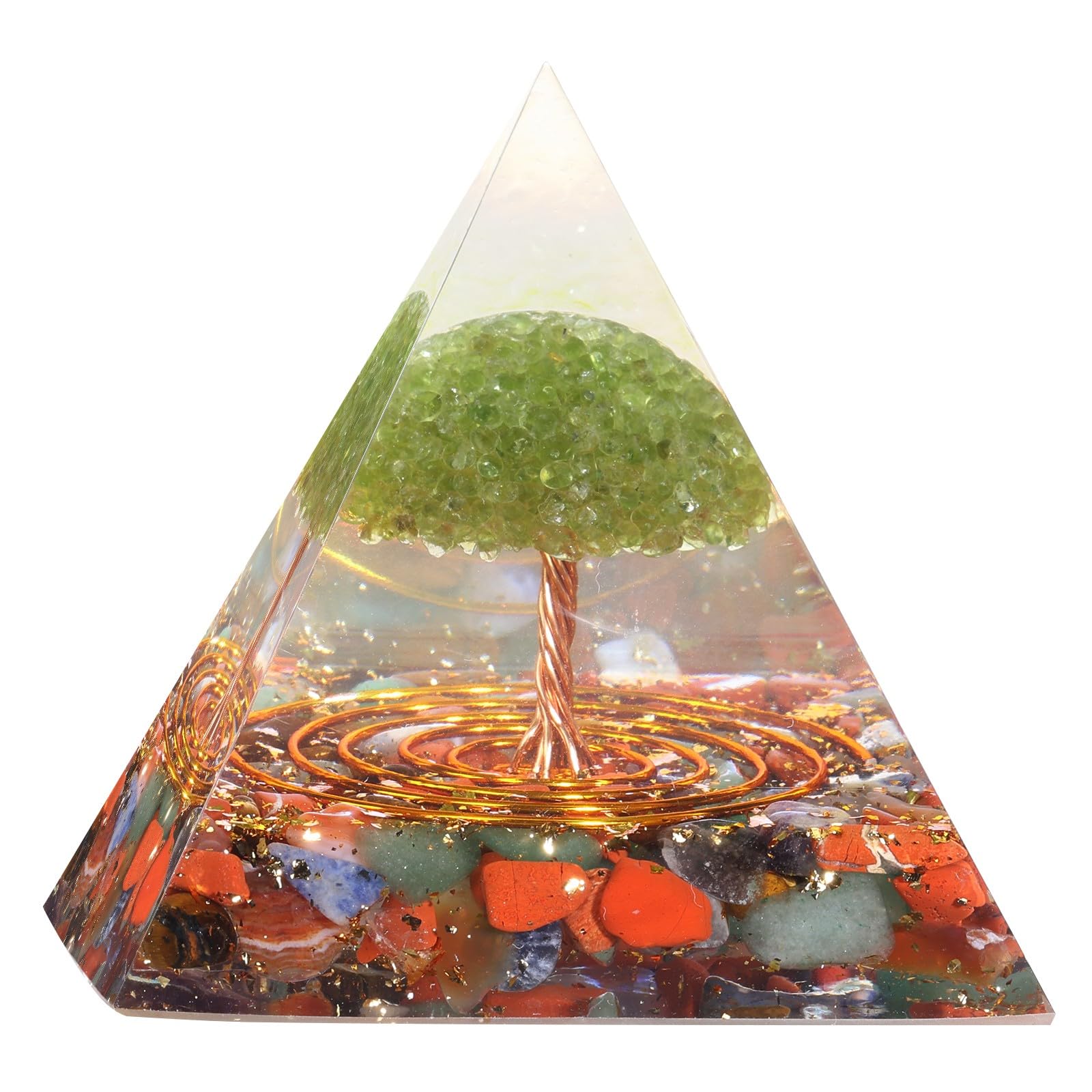 Dssmboom peridot tree of life pyramid with resin and copper wires promotes calm focus.