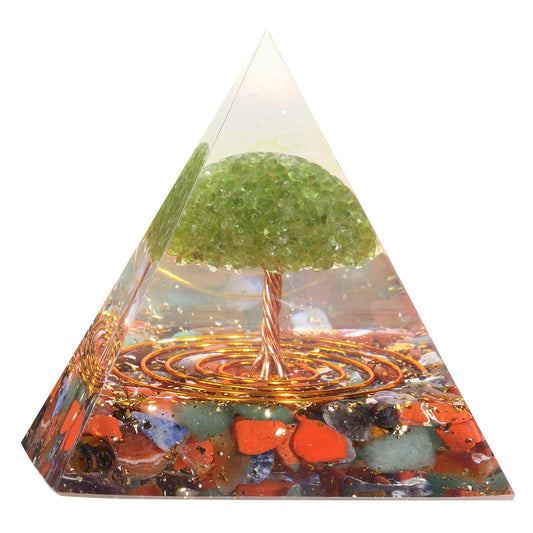 Dssmboom peridot tree of life pyramid with resin and copper wires promotes calm focus.