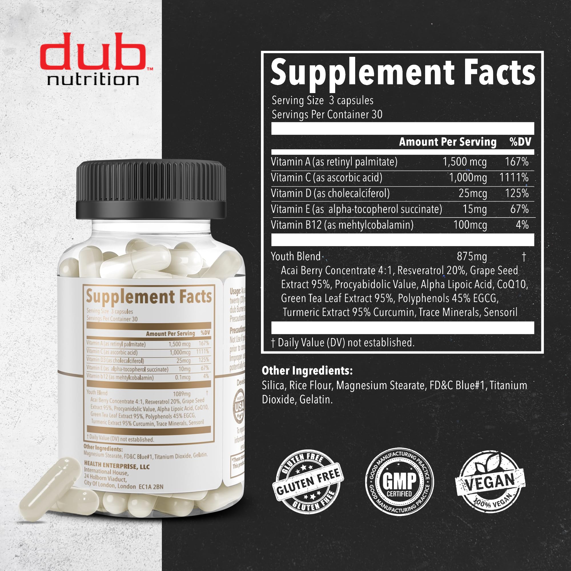 Dub Nutrition Youth soft capsules close-up highlighting Curcumin and CoQ10 for energy and mobility.