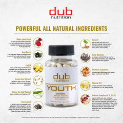 Dub Nutrition Youth bottle with vitamins A, C, D, E, B12 for daily wellness.