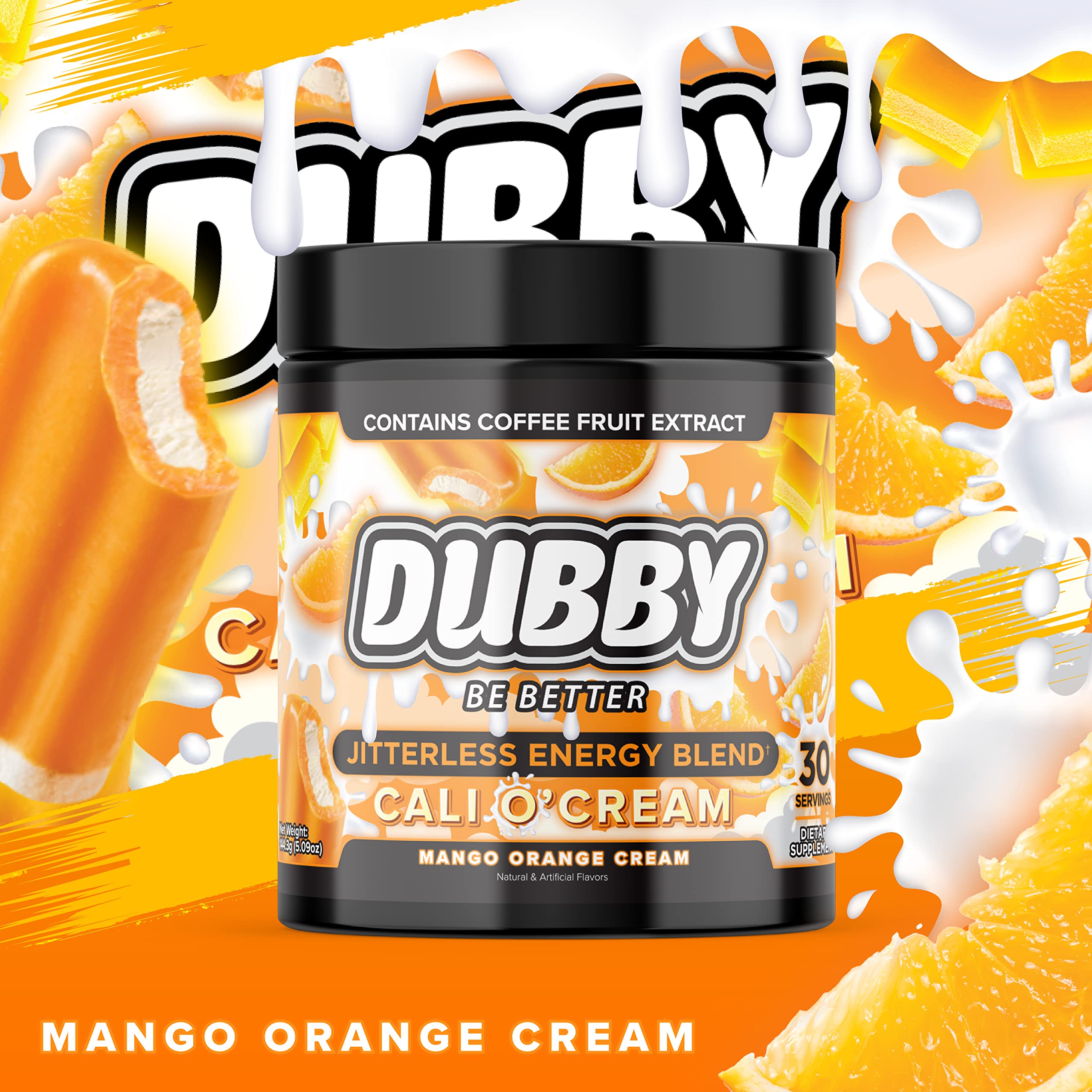 Dubby Mango Orange Cream flavor close-up showing vibrant fruit notes for refreshing taste.