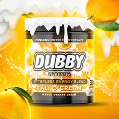 Dubby Mango Orange Cream ingredients label highlights clean, sugar-free energy blend.