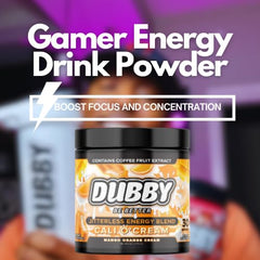 Dubby Mango Orange Cream on desk with laptop for study or gaming boosts.