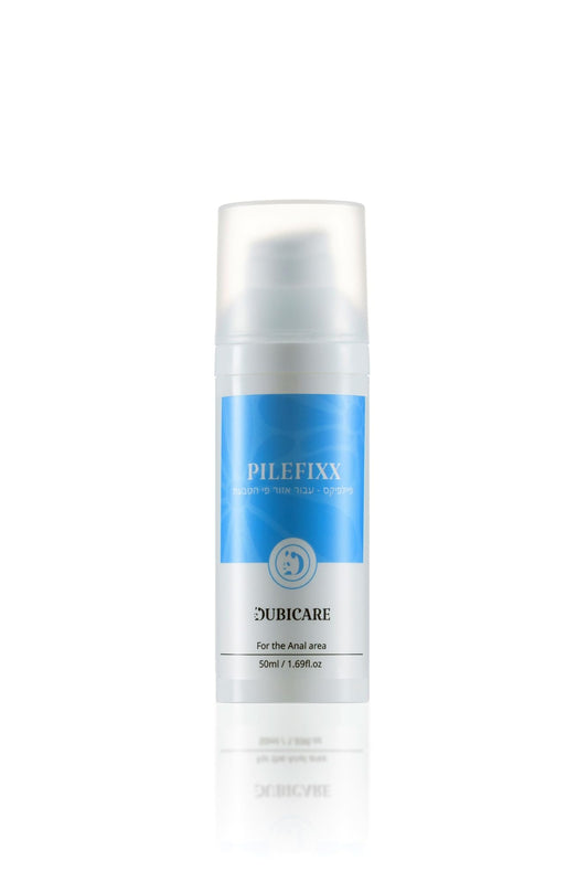 DUBI Pilefixx hemorrhoid cream tube closeup showing soothing texture for irritation relief