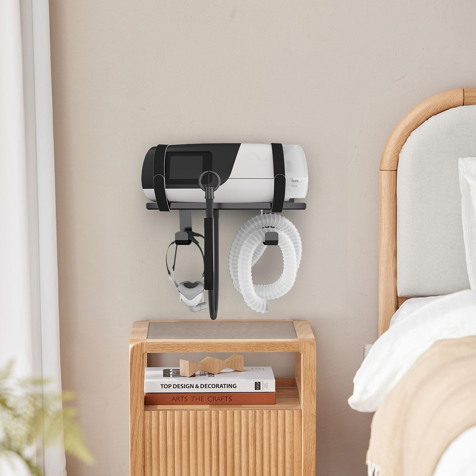 DUDUXI CPAP wall shelf stores masks and tubing beside the bed for easy access
