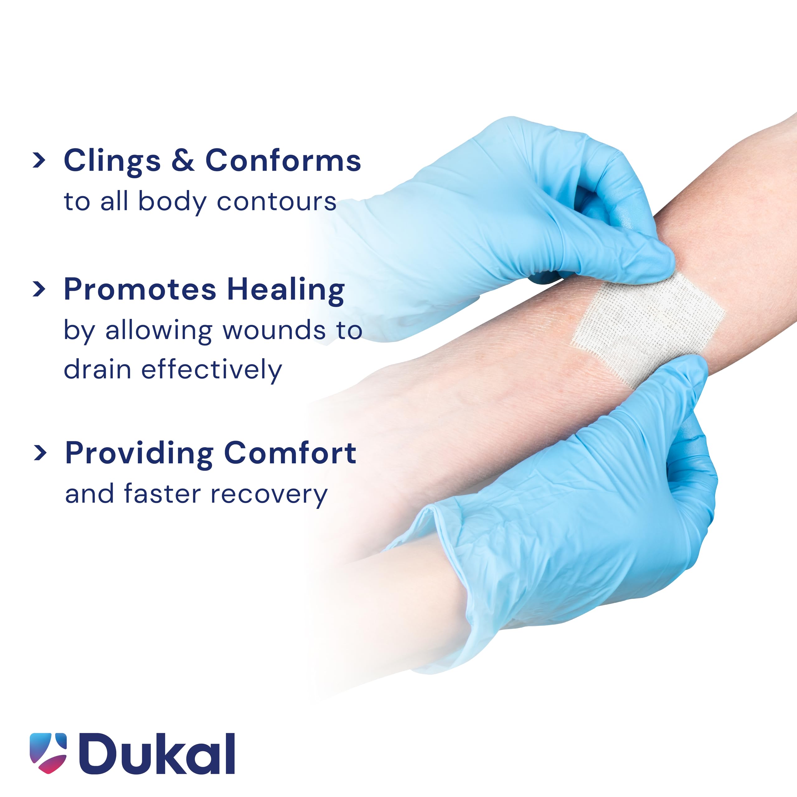 Dukal 224 Oil Emulsion Dressing highlights permeable knit fabric enabling drainage away from the wound