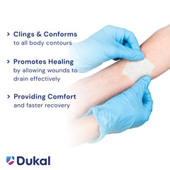 Dukal 224 Oil Emulsion Dressing highlights permeable knit fabric enabling drainage away from the wound