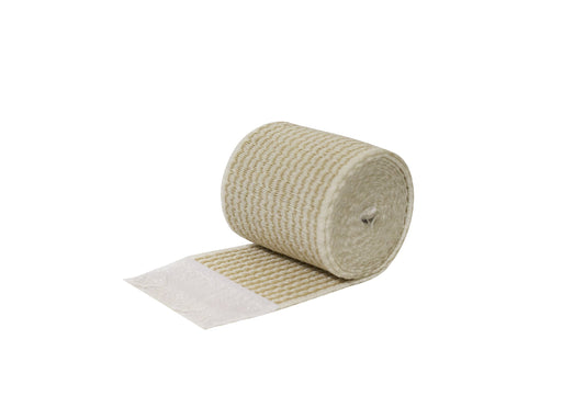 DUKAL crochet-knit bandage showing secure grip and fabric-friendly use