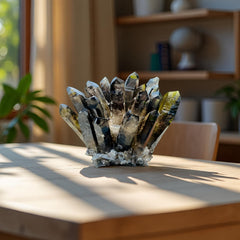 DUKIZA smoky quartz cluster with hand-scale illustrates size and presence