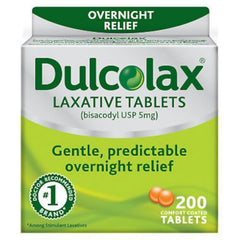 Dulcolax 5 mg laxative tablets in a 200-count pack for occasional constipation relief