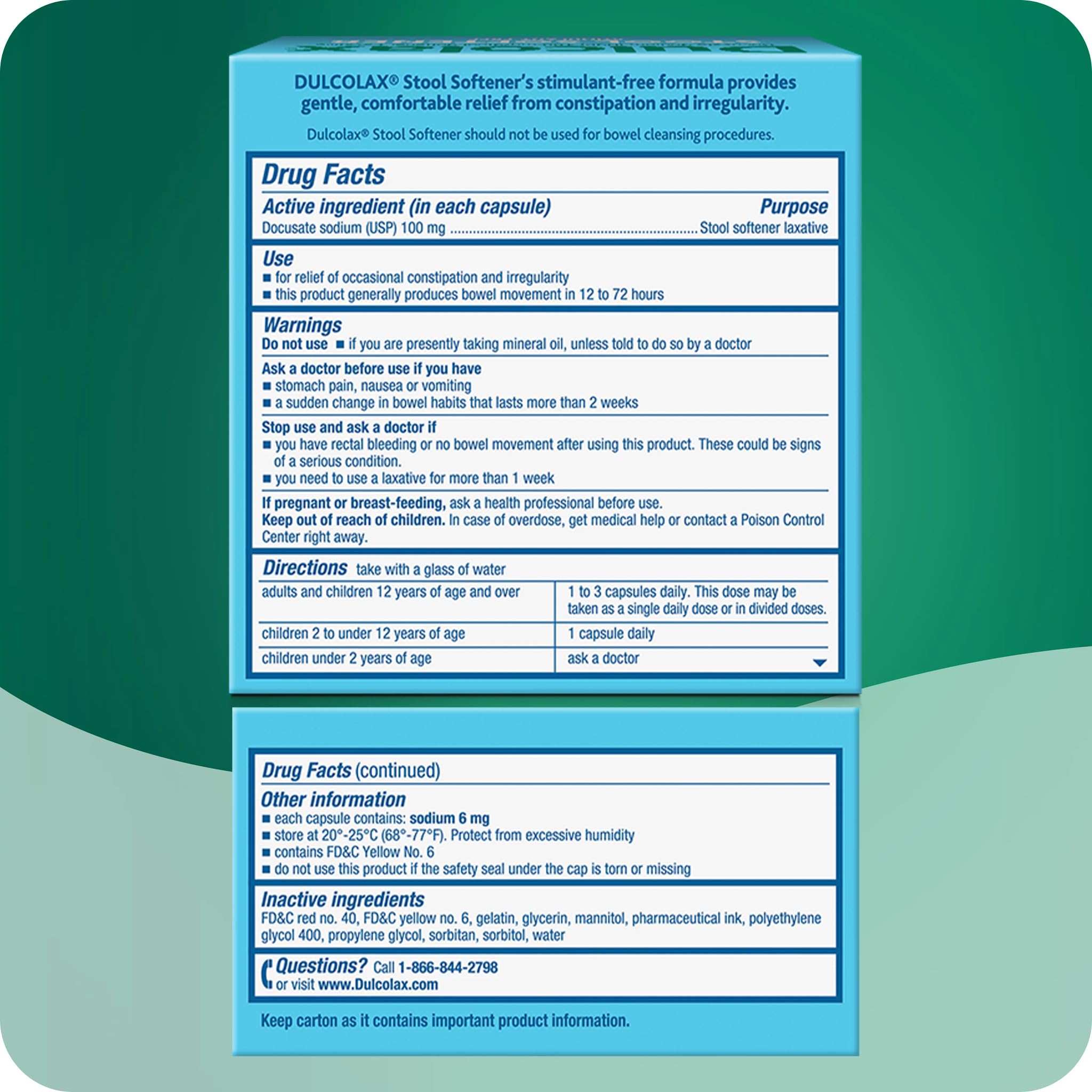 Dulcolax docusate sodium 100 mg ingredient highlighted for stool hydration