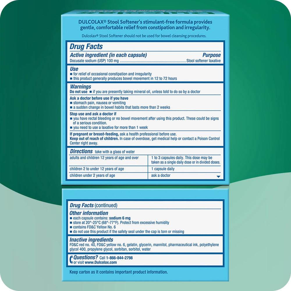 Dulcolax docusate sodium 100 mg ingredient highlighted for stool hydration