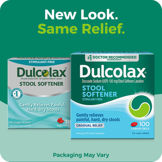Dulcolax liquid gel capsules close-up showing 100 mg dosage and hydration action