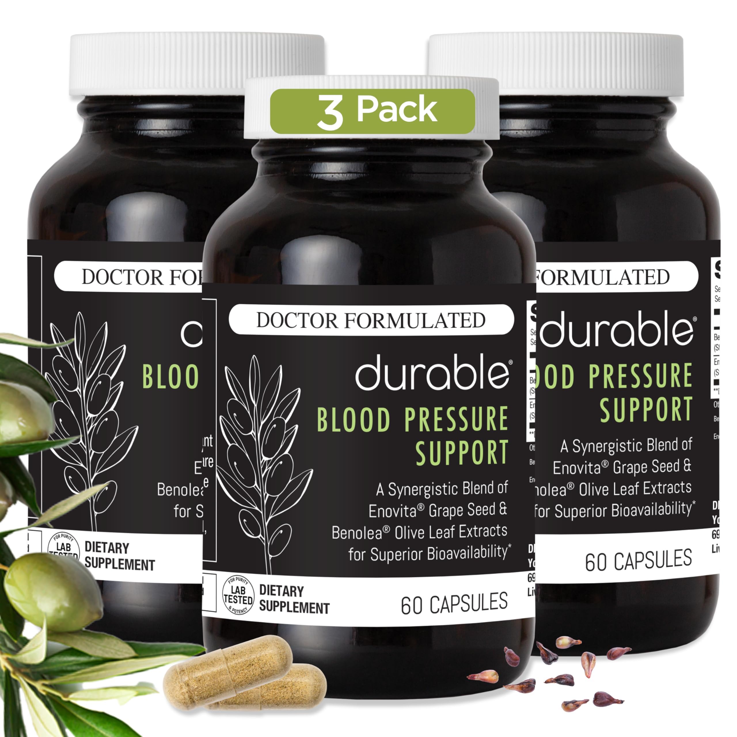 Durable Blood Pressure capsules with Benolea olive leaf extract for vascular support.